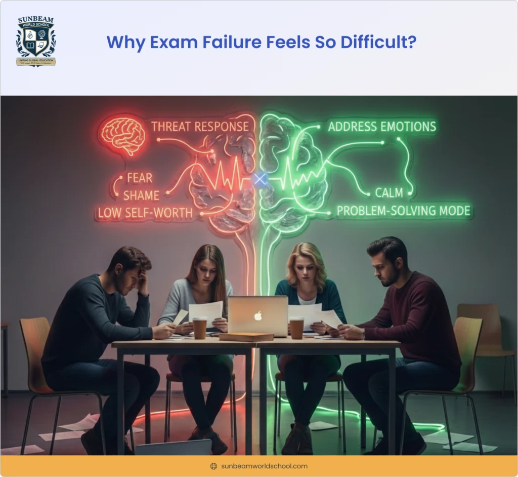 Students reviewing exam papers while a visual illustration shows the brain’s threat response versus calm problem-solving mode, explaining why exam failure feels emotionally difficult