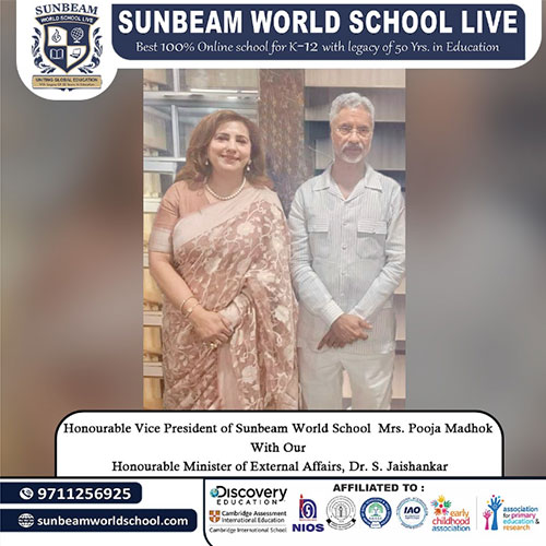 Honorable vice president Mrs. Pooja Madhok with our Honourable Minister of External Affairs, Shri S. Jaishankar on 26 May 24 at The Purvanchal Schools Welfare Association.