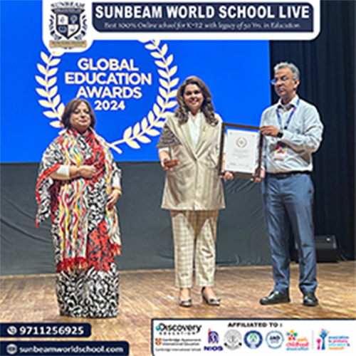 Prof. (Dr.) Indrani Bhaduri CEO & Head, PARAKH and Head, Educational Survey Division, NCERT handing over the Global Education Award for Best Teaching Pedagogy for Sunbeam World School Team leading by our Esteemed Director Miss. Alisha Madhok Walia