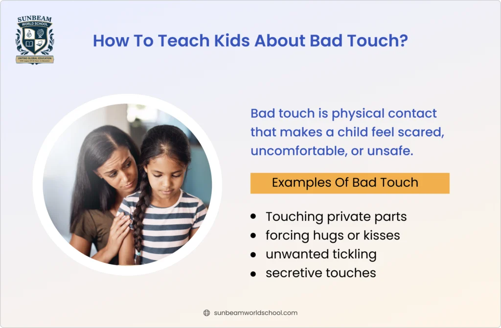 Parent gently talking to a child about bad touch and personal safety, explaining boundaries and encouraging open communication