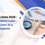 NIOS Exam Date 2026 complete guide for Class 10 and Class 12 students with study books, notebook, and pen illustration
