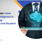 A suited professional holding a transparent tablet with a glowing blue AI brain hologram, symbolizing artificial intelligence in education &mdash; presented by Sunbeam World School.