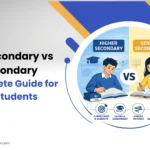 Comparing Higher Secondary vs Senior Secondary education showing two students studying with labels, books, and academic icons.