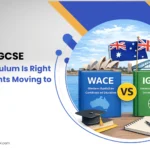 WACE vs IGCSE comparison illustration with books, Australian landmarks, and study elements.
