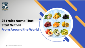 25 fruits that start with N including nectarine, navel orange, naranjilla, noni, and nungu displayed in a circular fruit collage