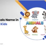 Illustration of common animals for kids including lion, elephant, zebra, giraffe, monkey, and rabbit with names labeled in English.