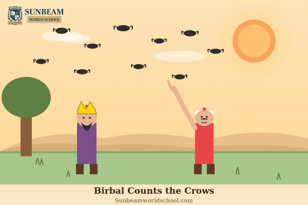 Illustration of Birbal cleverly answering the king's question about the number of crows, showcasing wisdom and quick thinking.