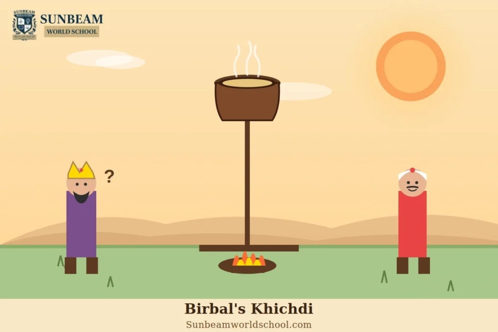 Illustration of Birbal demonstrating wisdom and fairness while explaining the lesson of Khichdi to the king.