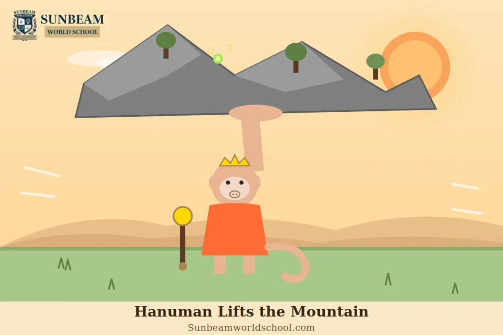 Illustration of Lord Hanuman carrying a mountain to save Lakshmana, symbolizing devotion, courage, and selfless service.