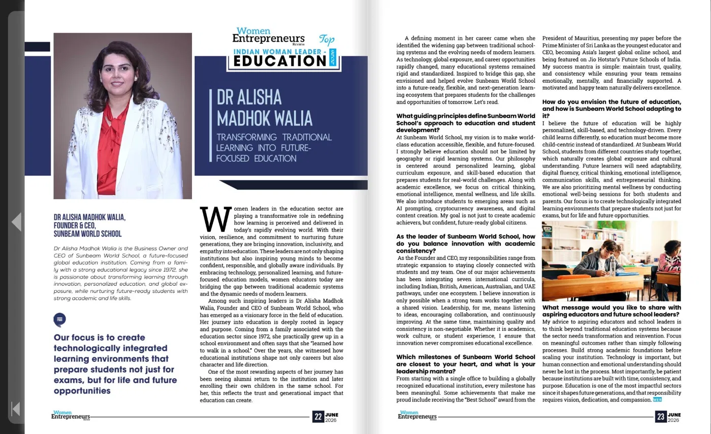 Dr Alisha Madhok Walia featured in Women Entrepreneurs Review — Top Indian Woman Leader in Education 2026, June Special edition pages 22-23