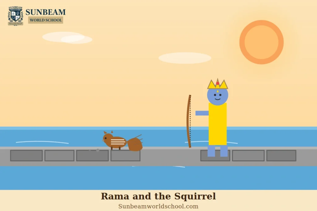 Illustration of a squirrel helping Lord Rama's army build the bridge to Lanka, symbolizing teamwork and contribution.