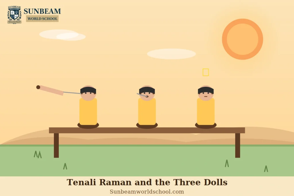 Illustration of Tenali Raman examining three dolls, demonstrating wisdom and the importance of listening carefully.