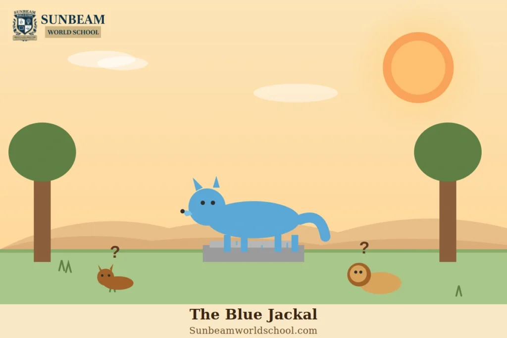 Illustration of a blue-colored jackal standing among forest animals, teaching a lesson about honesty and truth.