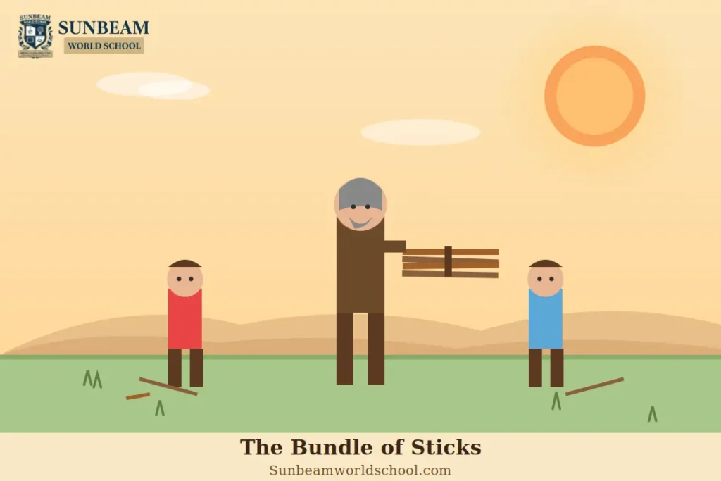 Illustration of a father teaching his children the lesson of unity using a bundle of sticks.