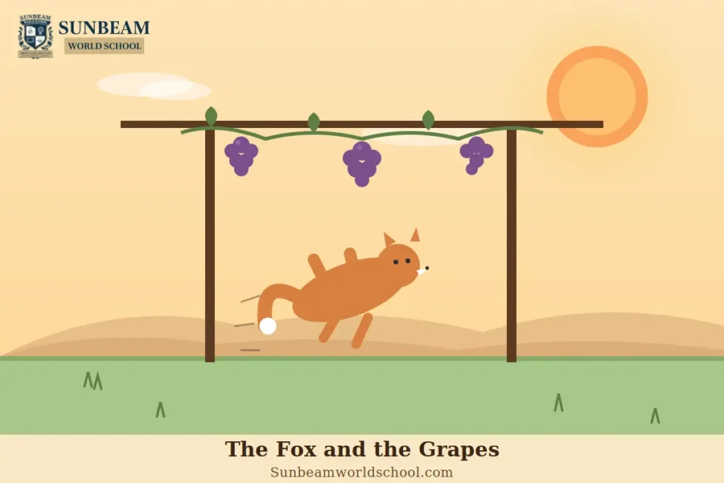 A fox stands on its hind legs beneath a lush grapevine, stretching upward toward a bunch of ripe purple grapes hanging just out of reach.