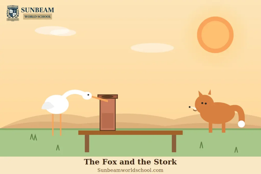 Illustration of a fox and a stork sharing a meal, teaching a lesson about respect and fairness.