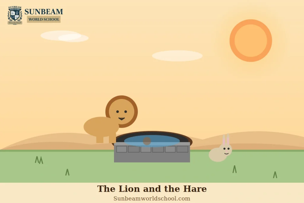 Illustration of a clever hare outsmarting a powerful lion, teaching a lesson about intelligence and courage.