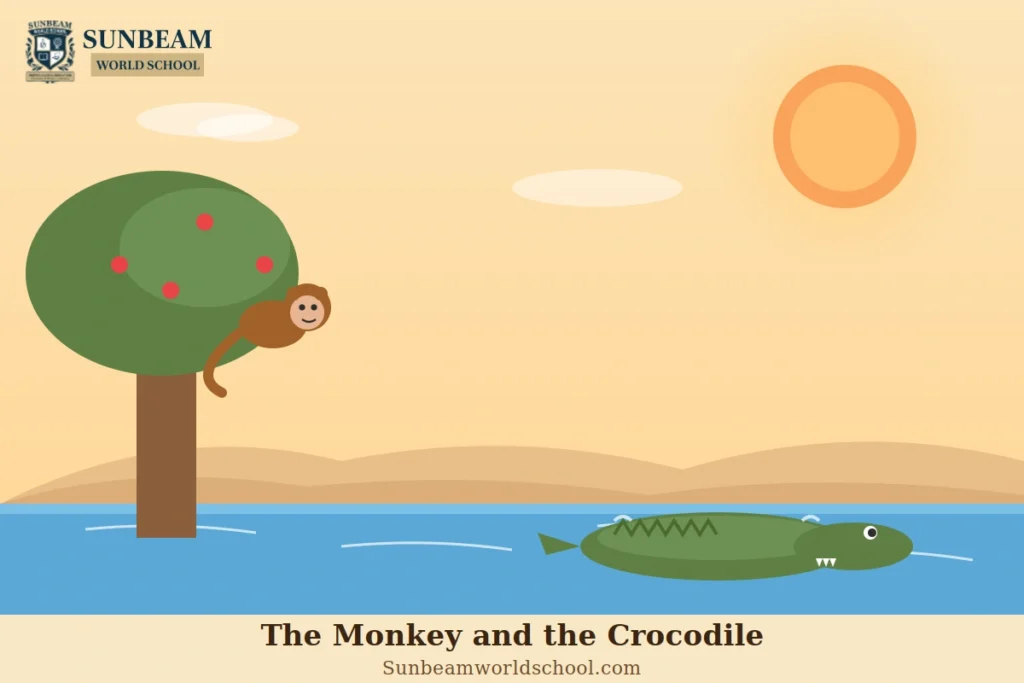 Illustration of a clever monkey and a crocodile by a river, teaching a lesson about intelligence and quick thinking.