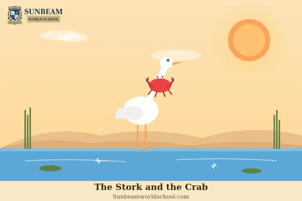 Illustration of a stork and a crab from a moral story, showing how intelligence and careful thinking can overcome deception.