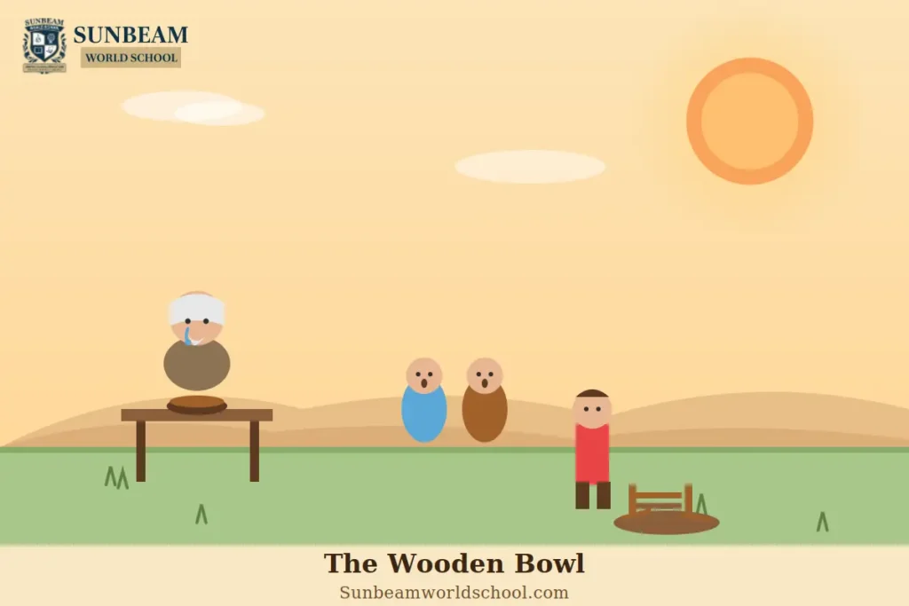 Illustration from The Wooden Bowl story showing a family learning the importance of treating elderly parents with kindness and respect.
