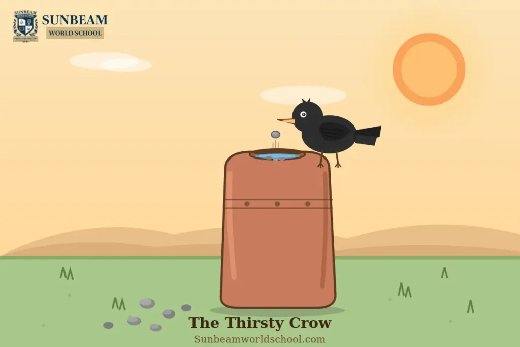 Illustration of a thirsty crow dropping stones into a water pot to raise the water level and drink.