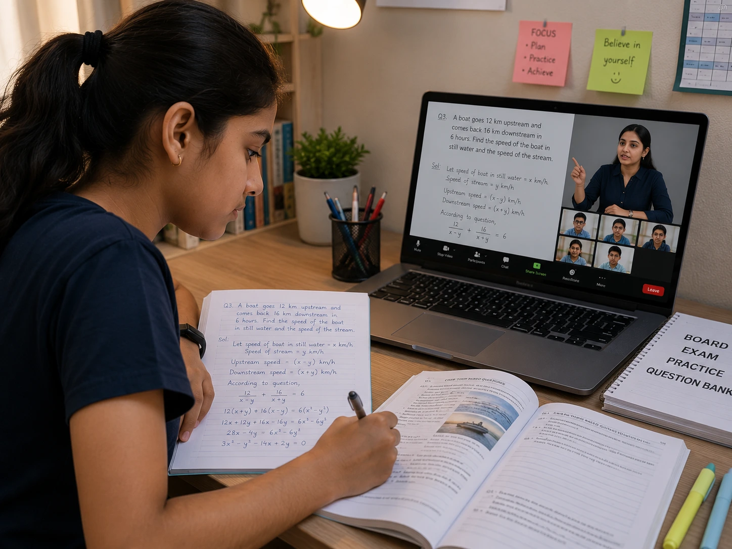 A Class 8 student at Sunbeam World School practising board-style answer writing during a live online class