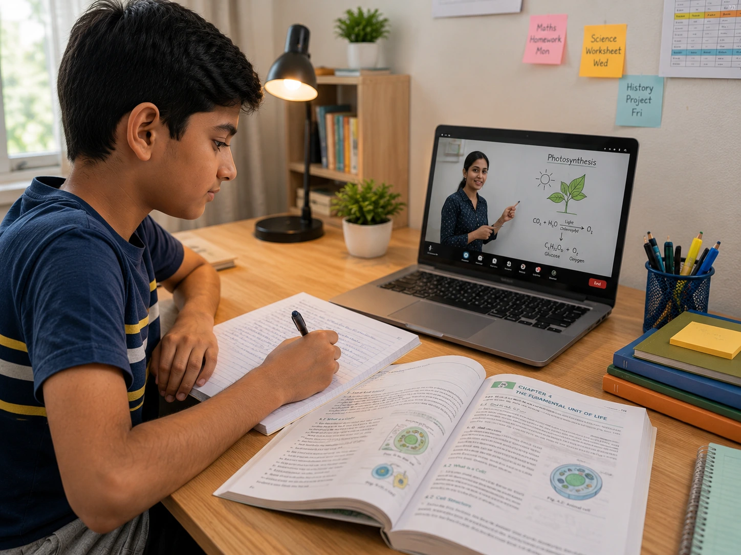 A Sunbeam World School middle school student learning the CBSE curriculum with NCERT-mapped textbook and laptop at home