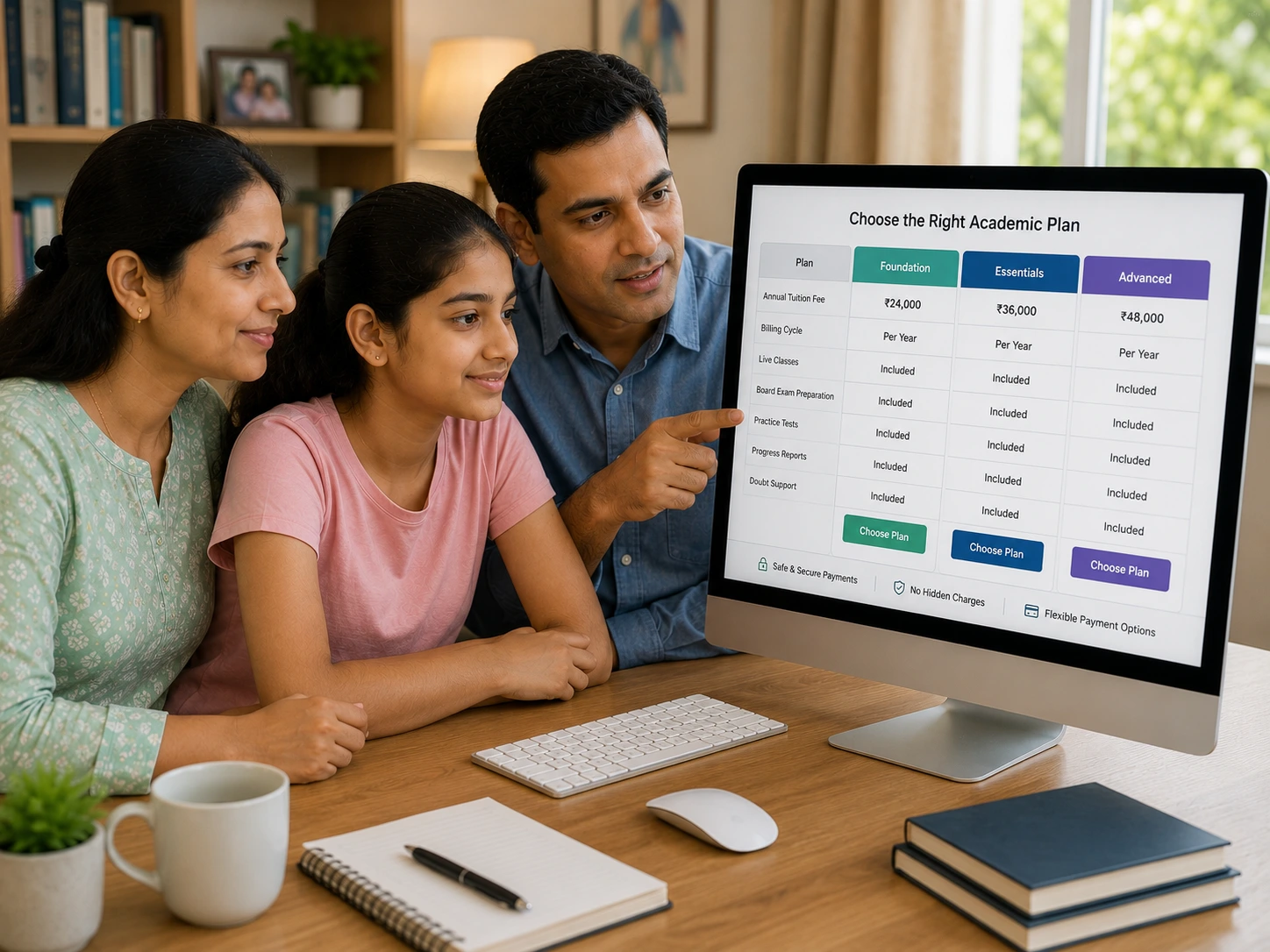 A parent and their Sunbeam World School middle school student reviewing the online school fee structure together at home