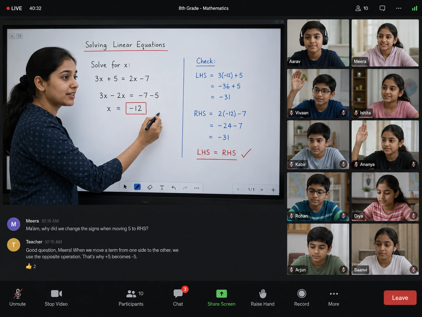Sunbeam World School live online middle school class with a subject-specialist teacher solving algebra on a shared whiteboard