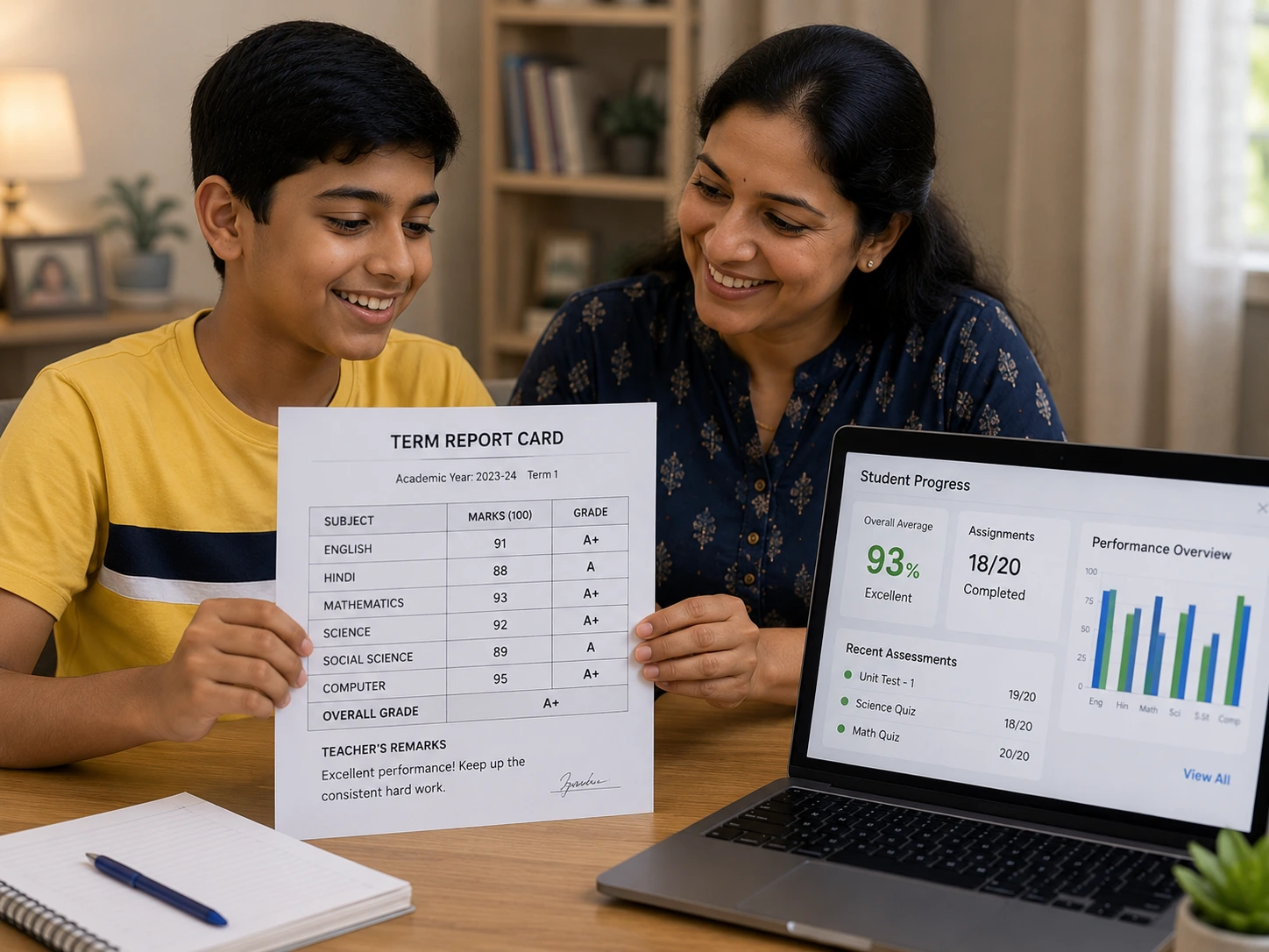 Sunbeam World School middle school student holding a term report card while a parent reviews progress on the dashboard