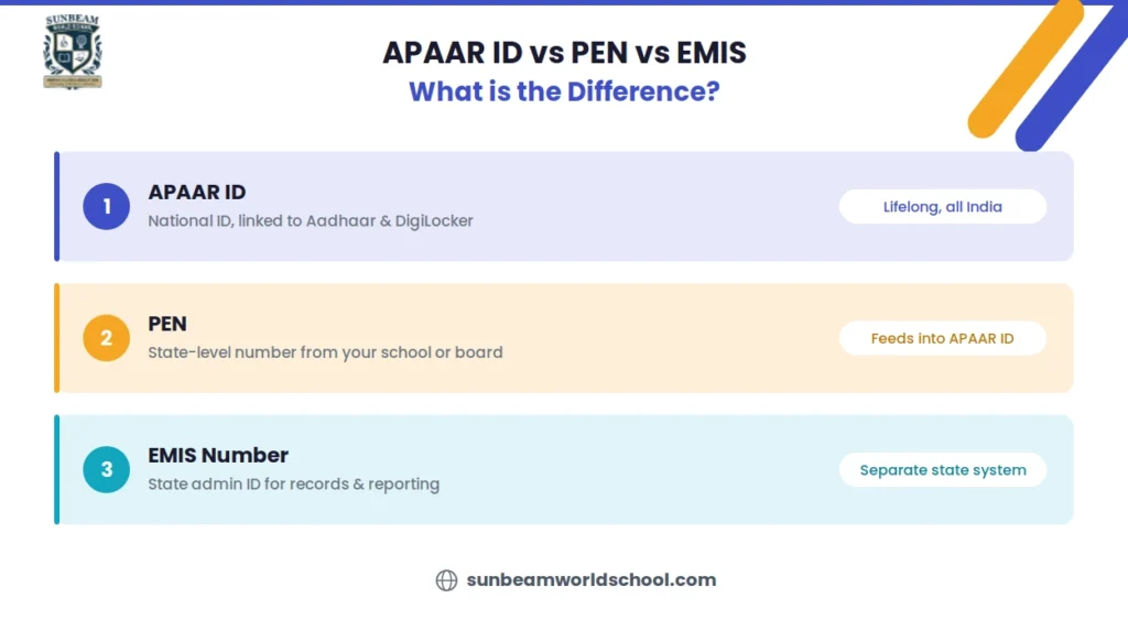 Comparing APAAR ID, PEN, and EMIS, explaining their different purposes as student, education, and school identification numbers.