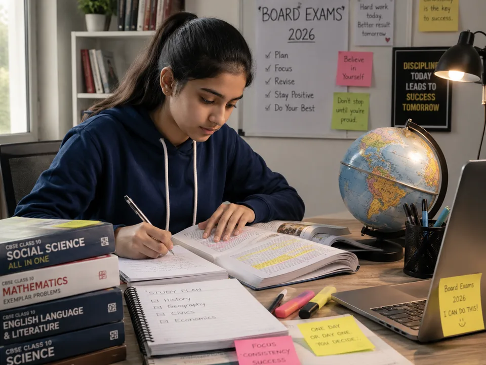 Student preparing for CBSE Class 10 board exams with highlighted textbooks and a globe