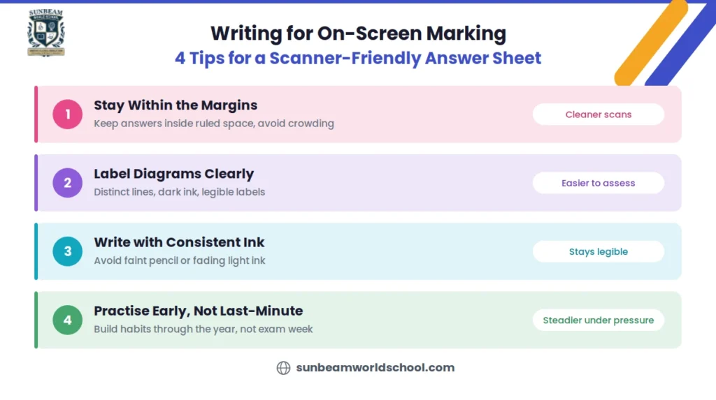 4 tips for students writing CBSE board exams under On-Screen Marking: stay within margins, label diagrams clearly, write with consistent ink, and practise early