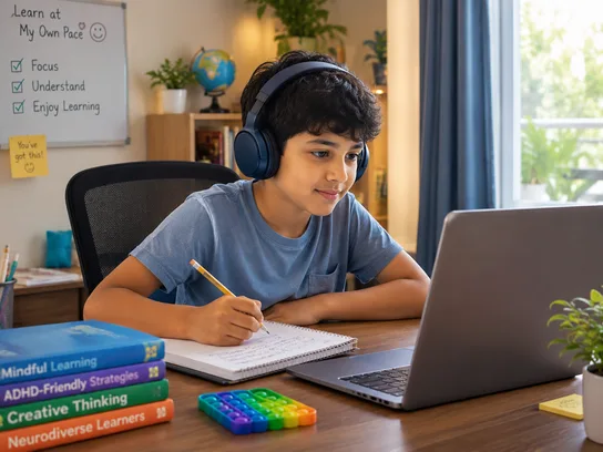 Boy with ADHD focused and engaged while learning at his own pace at home
