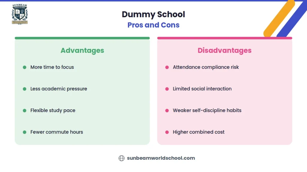 Infographic comparing the advantages and disadvantages of a dummy school, including time, pressure, discipline, and cost