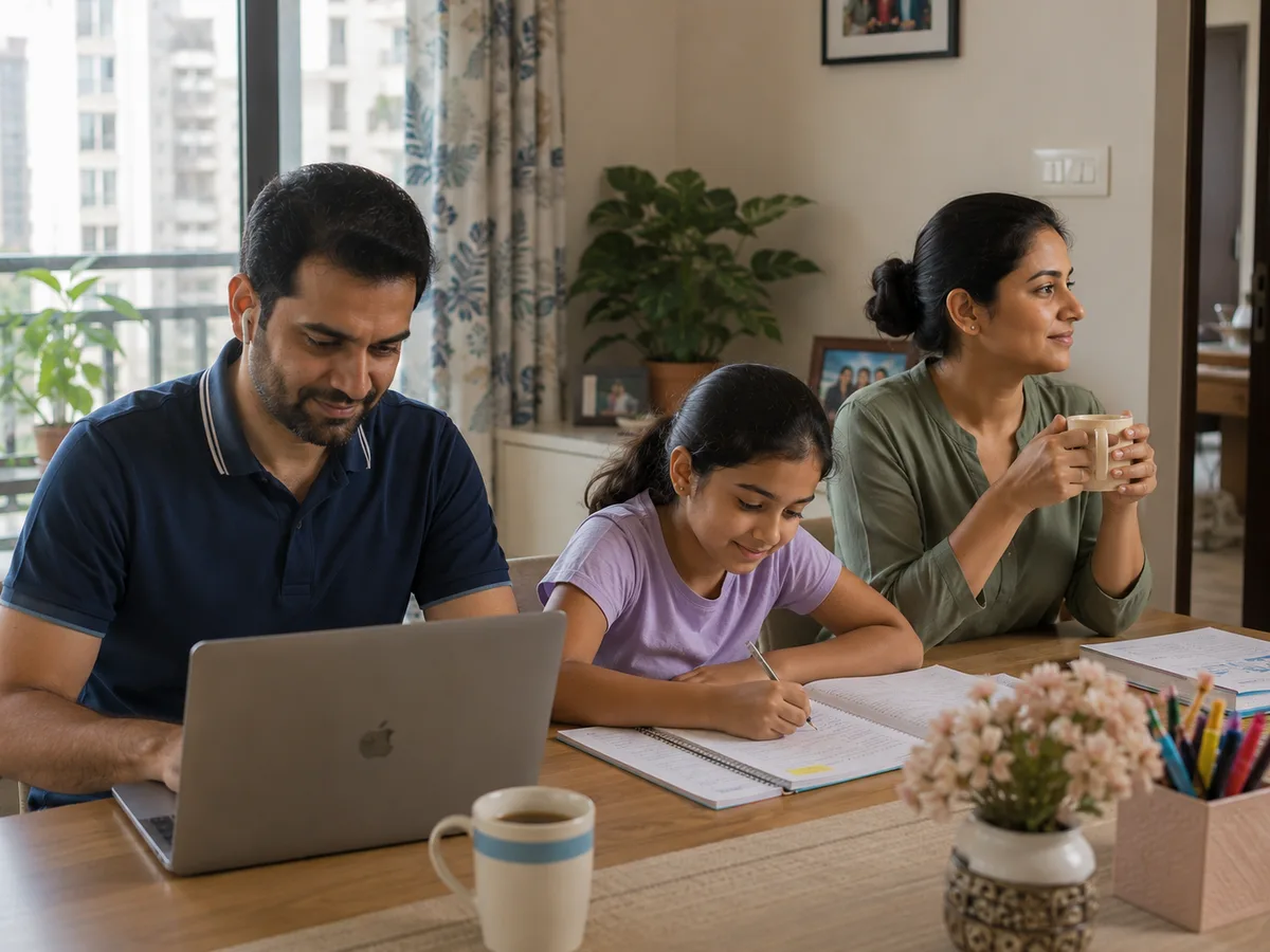 Family learning together at home in a relaxed, alternative education setting