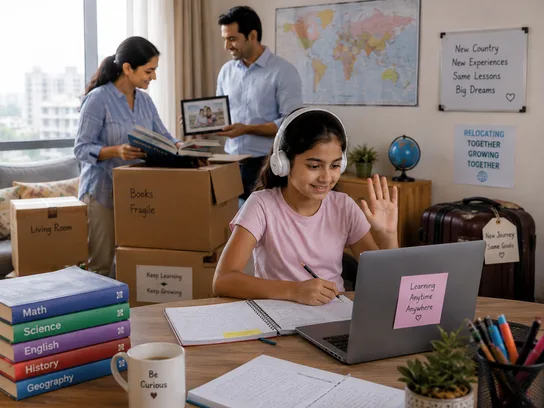 Family unpacking moving boxes while their daughter continues homeschooling without disruption