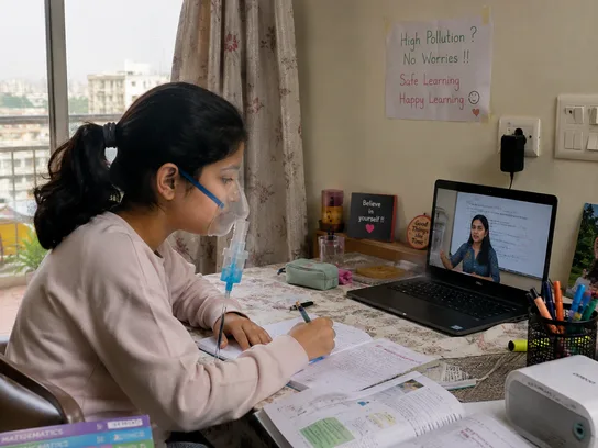 Child with asthma or respiratory sensitivity learning safely at home during high-pollution days