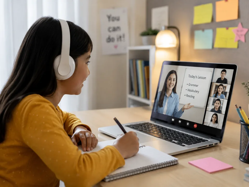 Student attending a live online homeschooling class from home