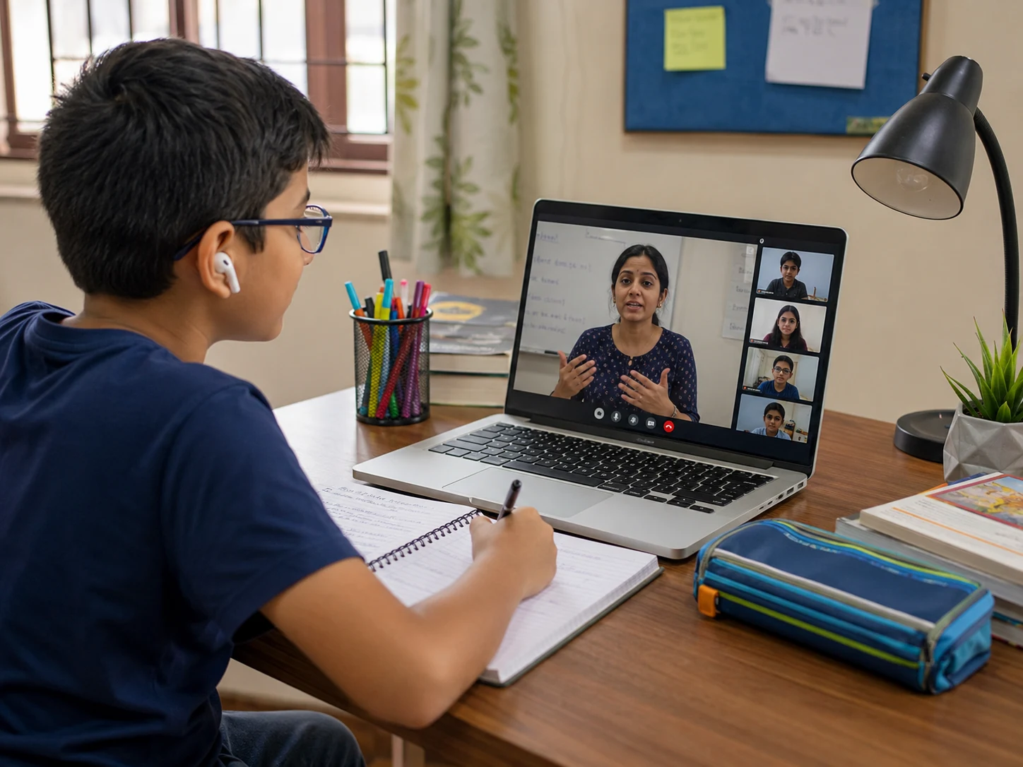 Student attending a live online homeschooling class with classmates from home in Bangalore