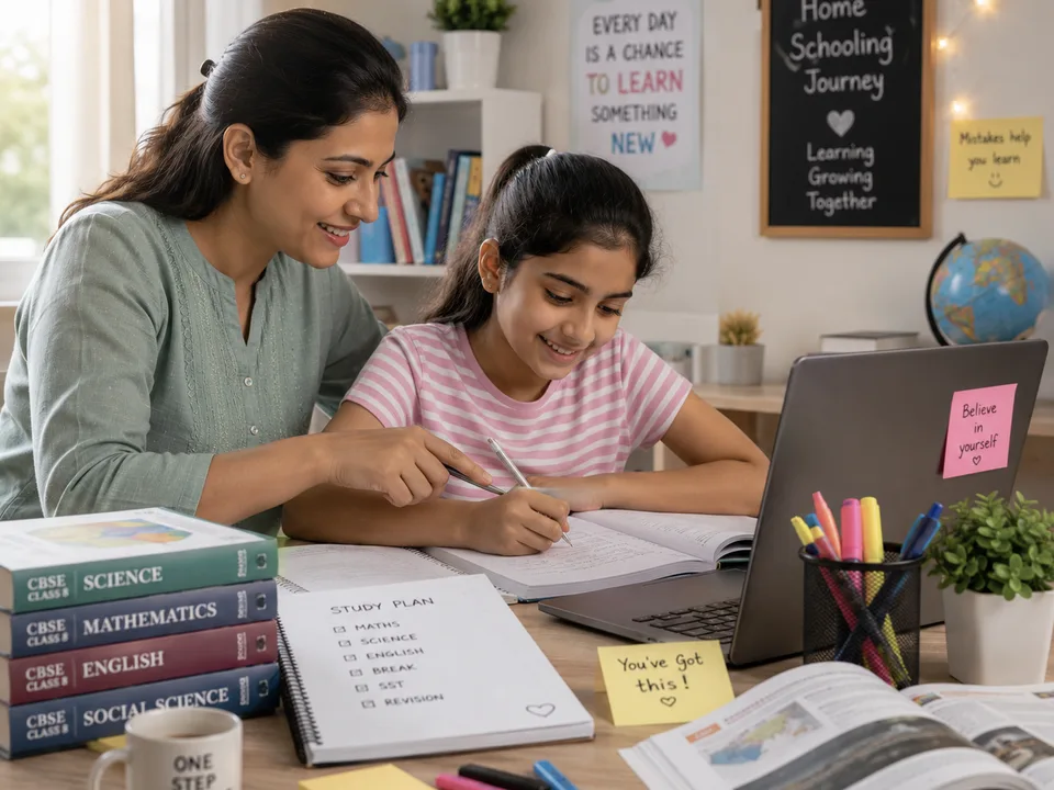 Mother supporting her daughter with CBSE homeschooling at home