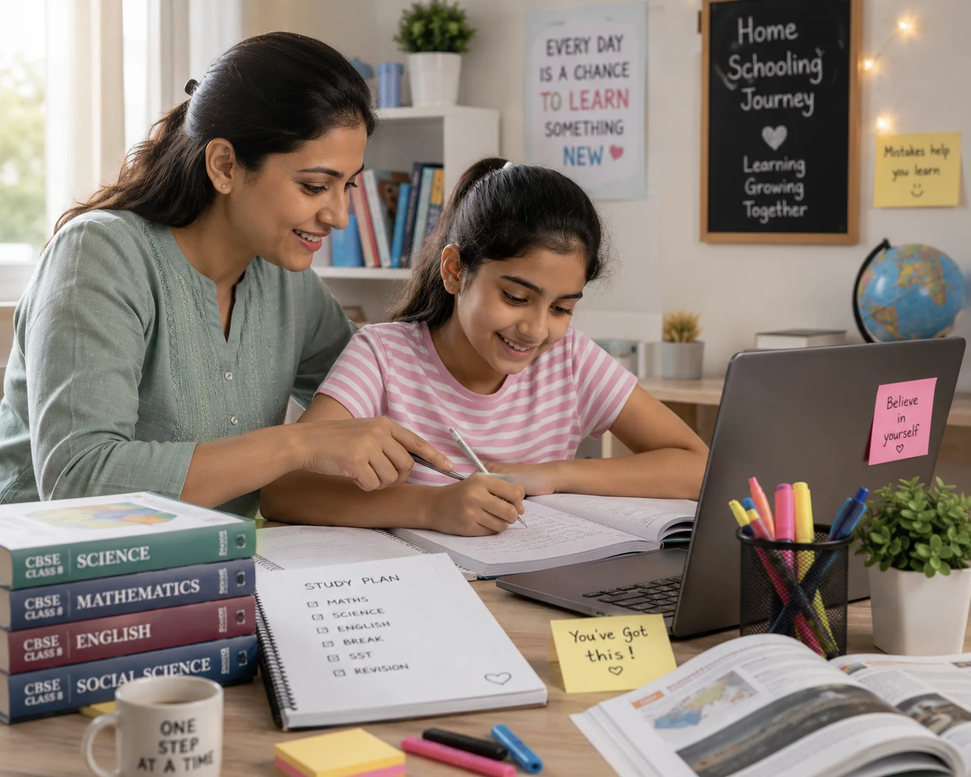 Mother supporting her daughter through a study plan session while homeschooling in Bangalore