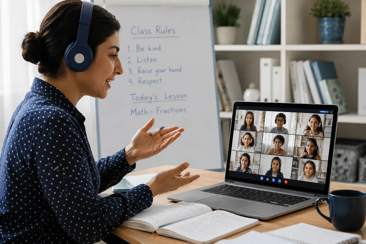 A certified teacher taking a live online homeschooling class for Bangalore students