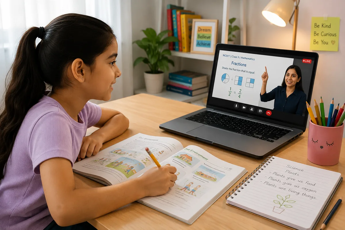 A Sunbeam World School primary student learning CBSE curriculum with NCERT-mapped workbook and laptop at home