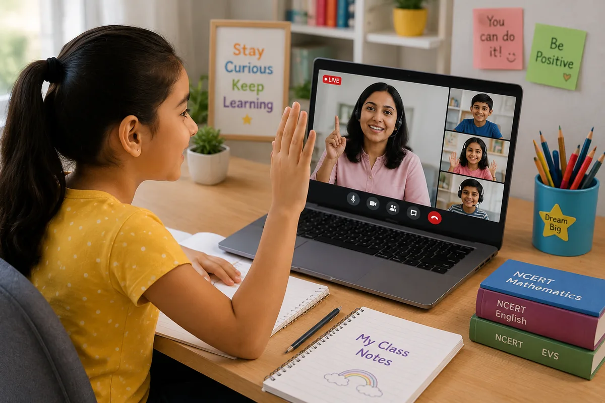 Sunbeam World School live online primary class with certified teacher and six students on video call