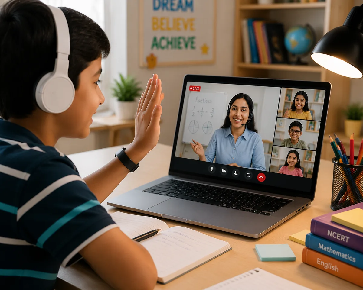 A Sunbeam World School primary student attending a live online class from home