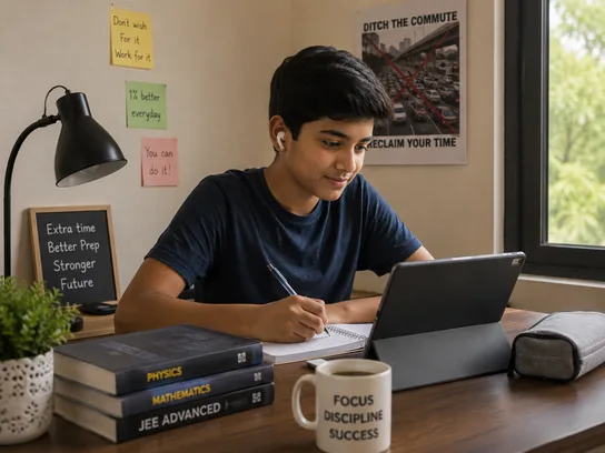 Student studying at home instead of commuting, with extra time for focused preparation