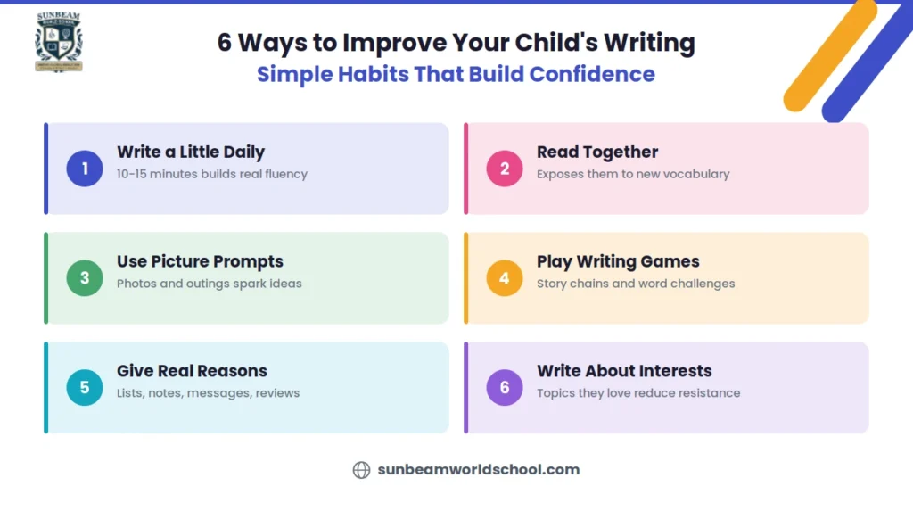 Six ways to improve your child's writing skills: write a little daily, read together, use picture prompts, play writing games, give real reasons to write, and write about interests.