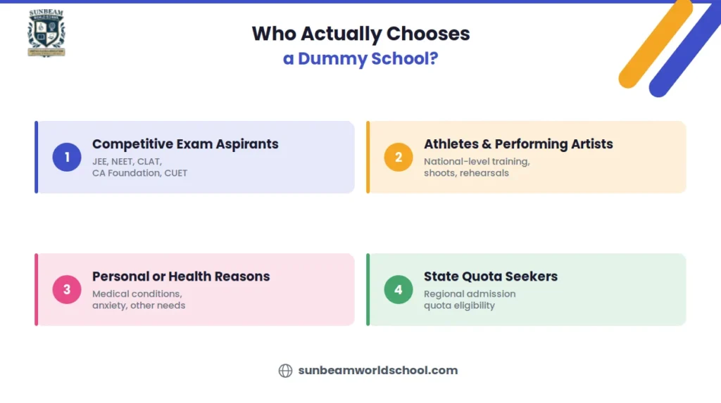 Who chooses a dummy school, competitive exam aspirants, athletes and performing artists, students with personal or health reasons, and state quota seekers