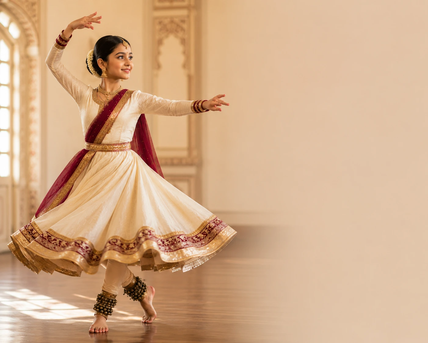 Young Kathak dance student balancing training with live homeschool classes in Lucknow